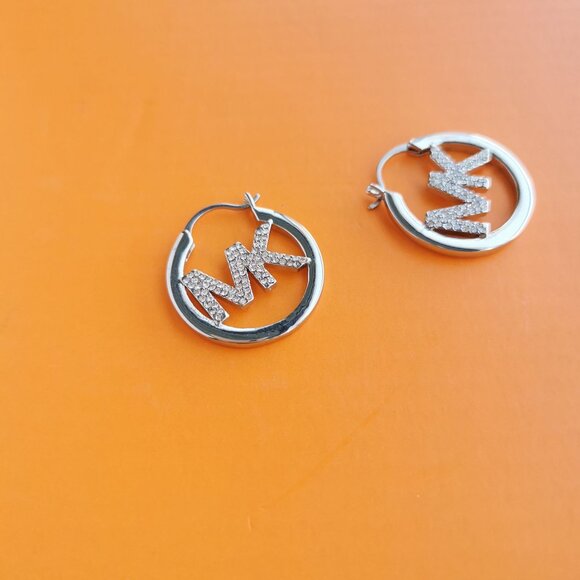 Michael Kors Pave Hollow Logo Hoop Earrings / Silver Plated - Picture 3 of 3
